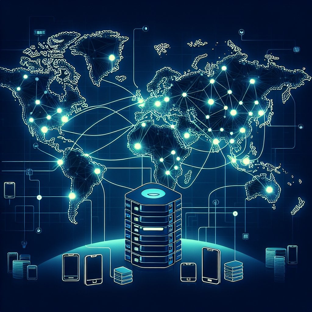 Content delivery network diagram showing global server distribution for mobile optimization