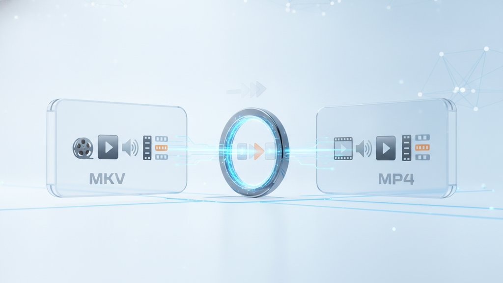 A glowing video file container splits open to reveal identical streams, illustrating MKV to MP4 conversion without re-encoding.