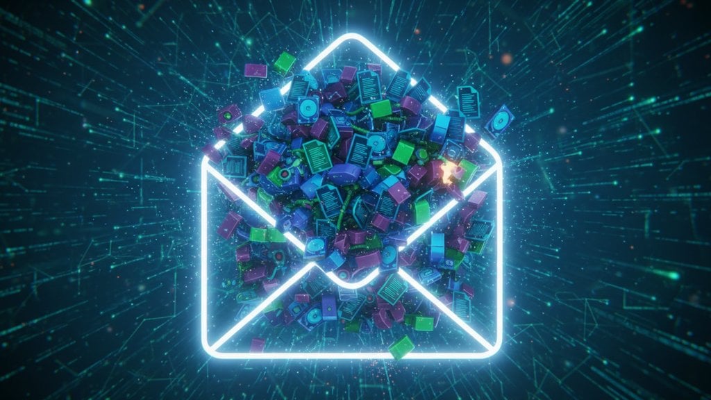 Multiple files of different types being compressed and merged into a single email envelope, illustrating how to reduce attachment sizes to fit within email provider limits
