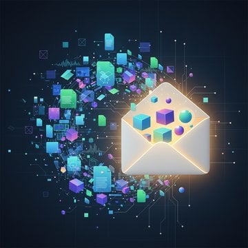 Multiple files of different types being compressed and merged into a single email envelope, illustrating how to reduce attachment sizes to fit within email provider limits
