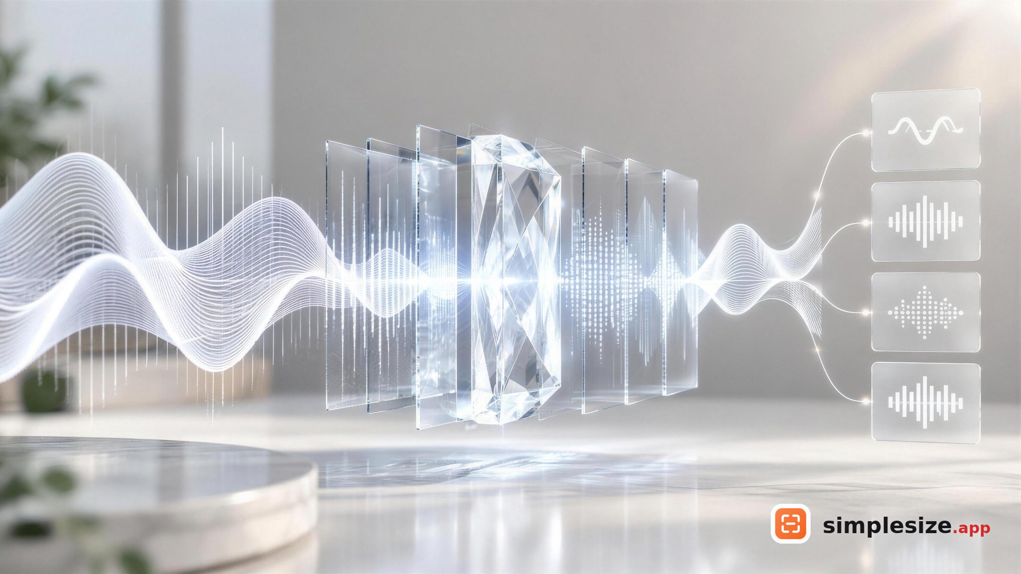 Illustration comparing FLAC and ALAC lossless audio, with sound waves passing through layered digital panels and audio-format icons representing compression and conversion.