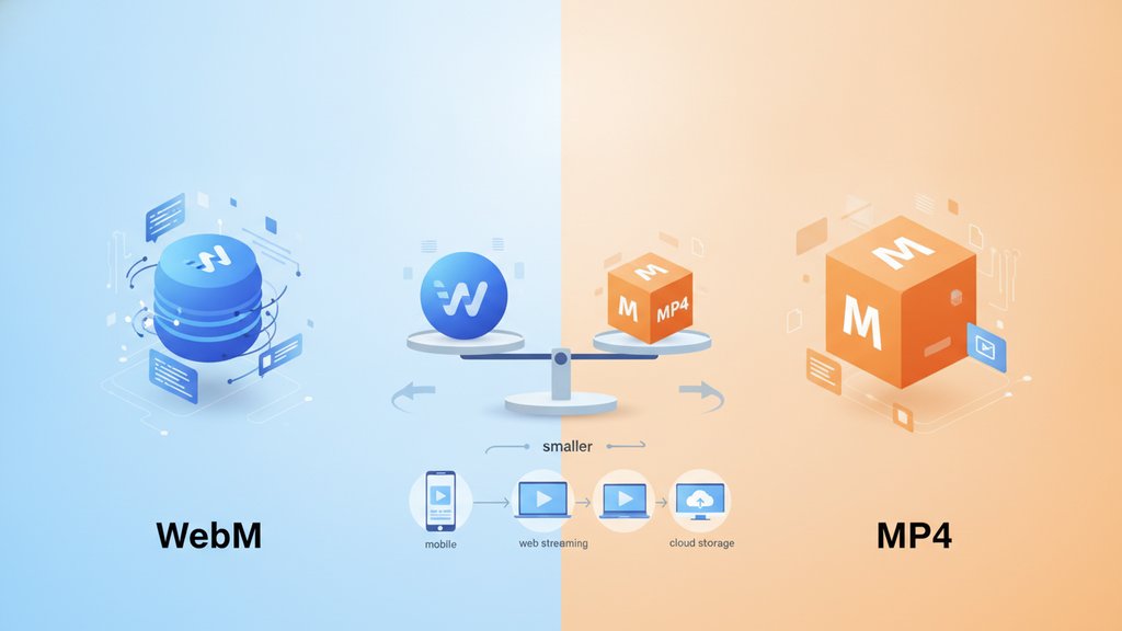 Two glowing file format icons side by side on a sleek digital surface, representing the WebM vs MP4 size comparison debate.