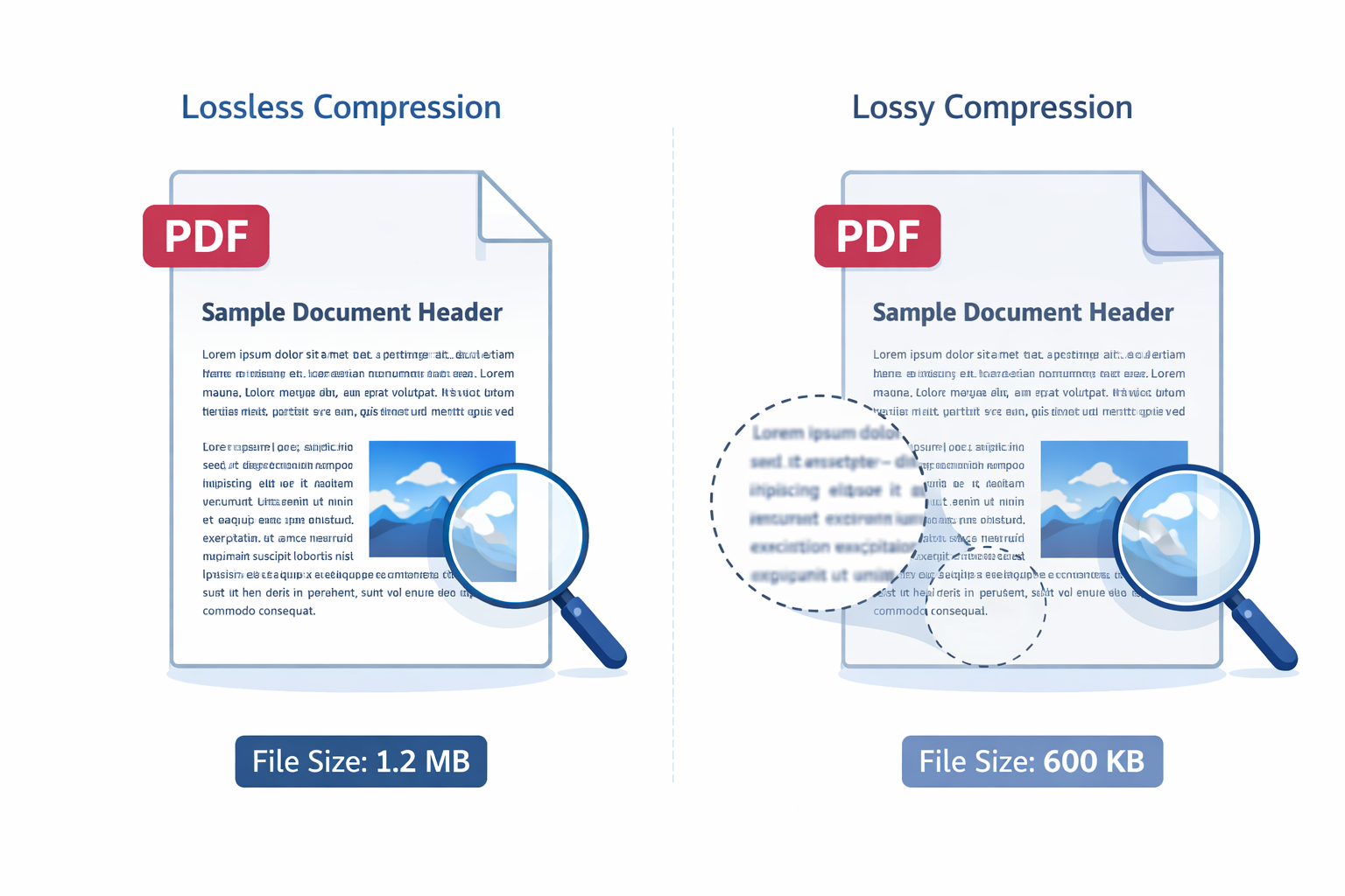Contoh perbandingan sebelah menyebelah hasil mampatan PDF lossless dan lossy