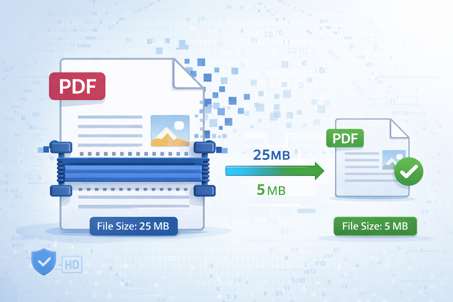 Perbandingan visual menunjukkan faedah mampatan PDF termasuk pengurangan saiz fail dan masa pemuatan yang lebih pantas