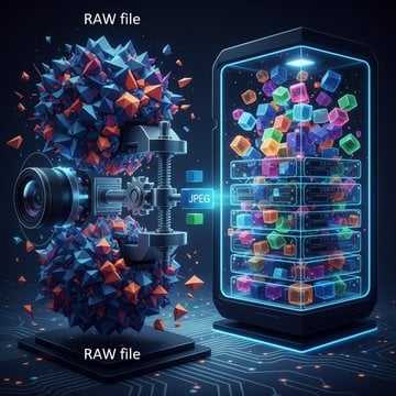 Digital illustration of a RAW image file surrounded by unprocessed sensor data and file metadata elements