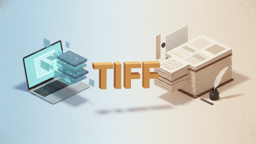 A designer's desk with layered print files and a monitor displaying a high-resolution TIFF file in professional editing software.