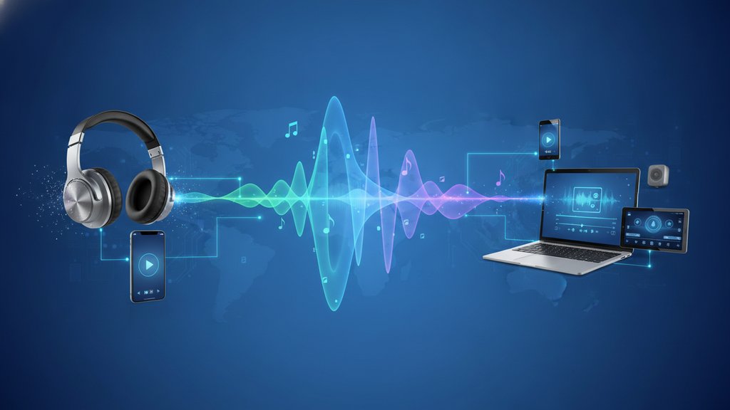 Illustration of audio playback across devices, with sound waves connecting headphones, a phone, a laptop, and a speaker.
