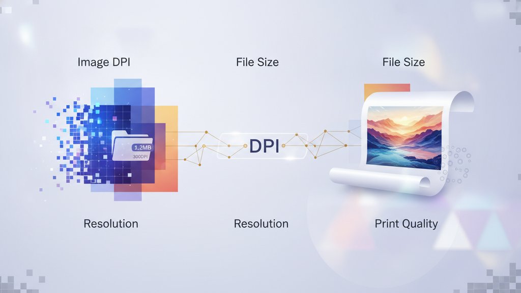 A split-screen parrot illustration comparing low DPI blurry output on the left with high DPI sharp output on the right.