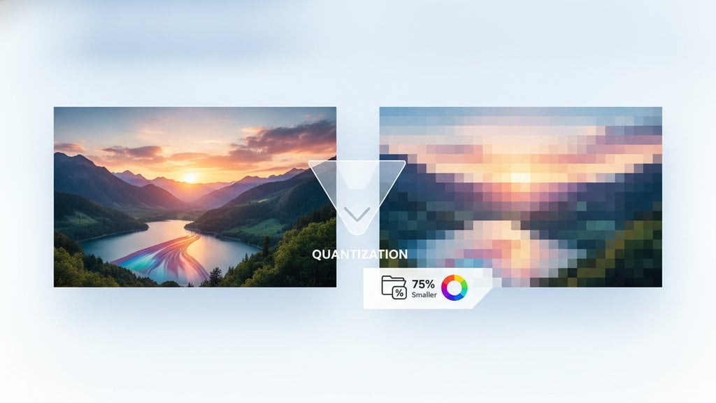 Abstract digital visualization of image quantization showing color palette reduction from vibrant spectrum to simplified color blocks, representing file size compression.
