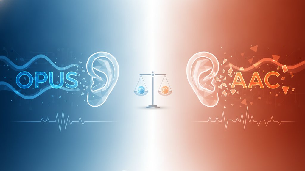 Two glowing audio waveforms side by side on a sleek dark surface, symbolizing an Opus vs AAC codec comparison at low bitrates.