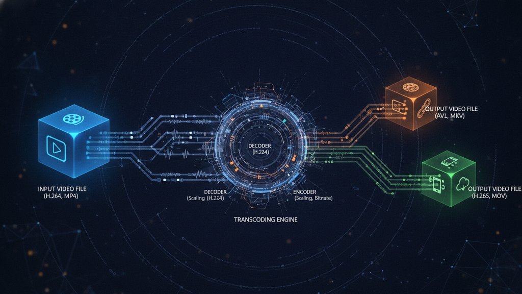 A glowing digital pipeline transforms raw video files into multiple formats, illustrating the video transcoding process.