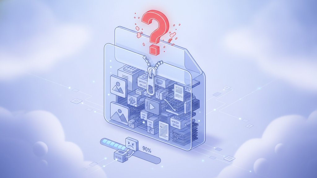 Illustration of oversized compressed files and data blocks with visual indicators of failed compression optimization attempts in a modern digital workspace.